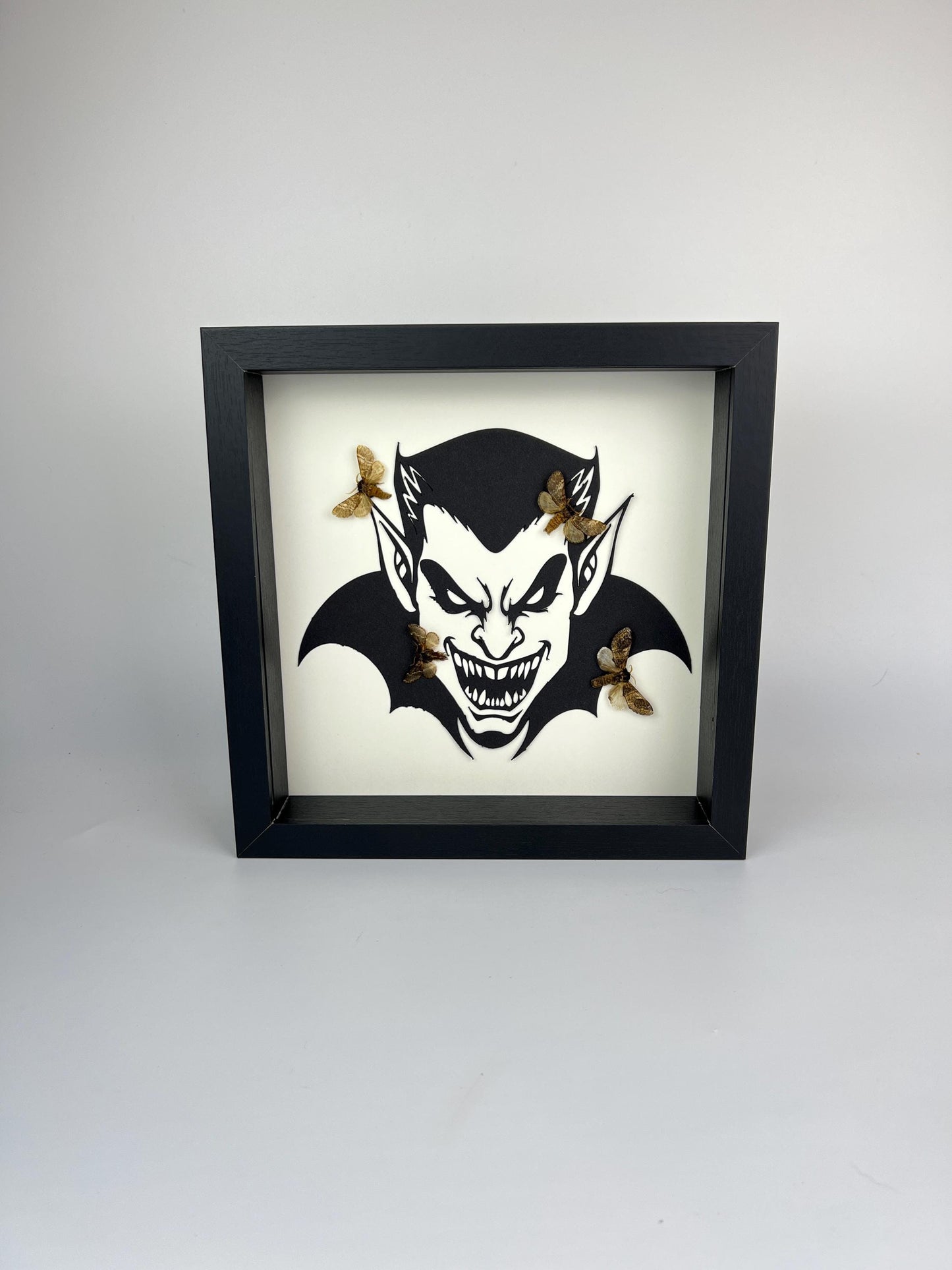 Framed Real Moths with Scary Evil Vampire Silhouette – 9.8x9.8 Inch (25x25 cm) - Unique Gothic Decor