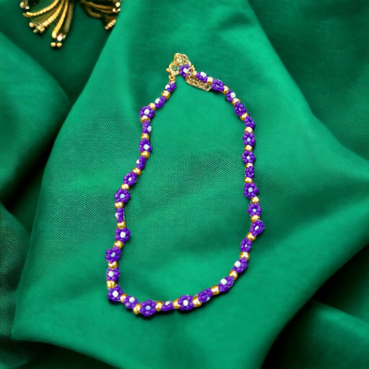 Purple white and gold flower necklace