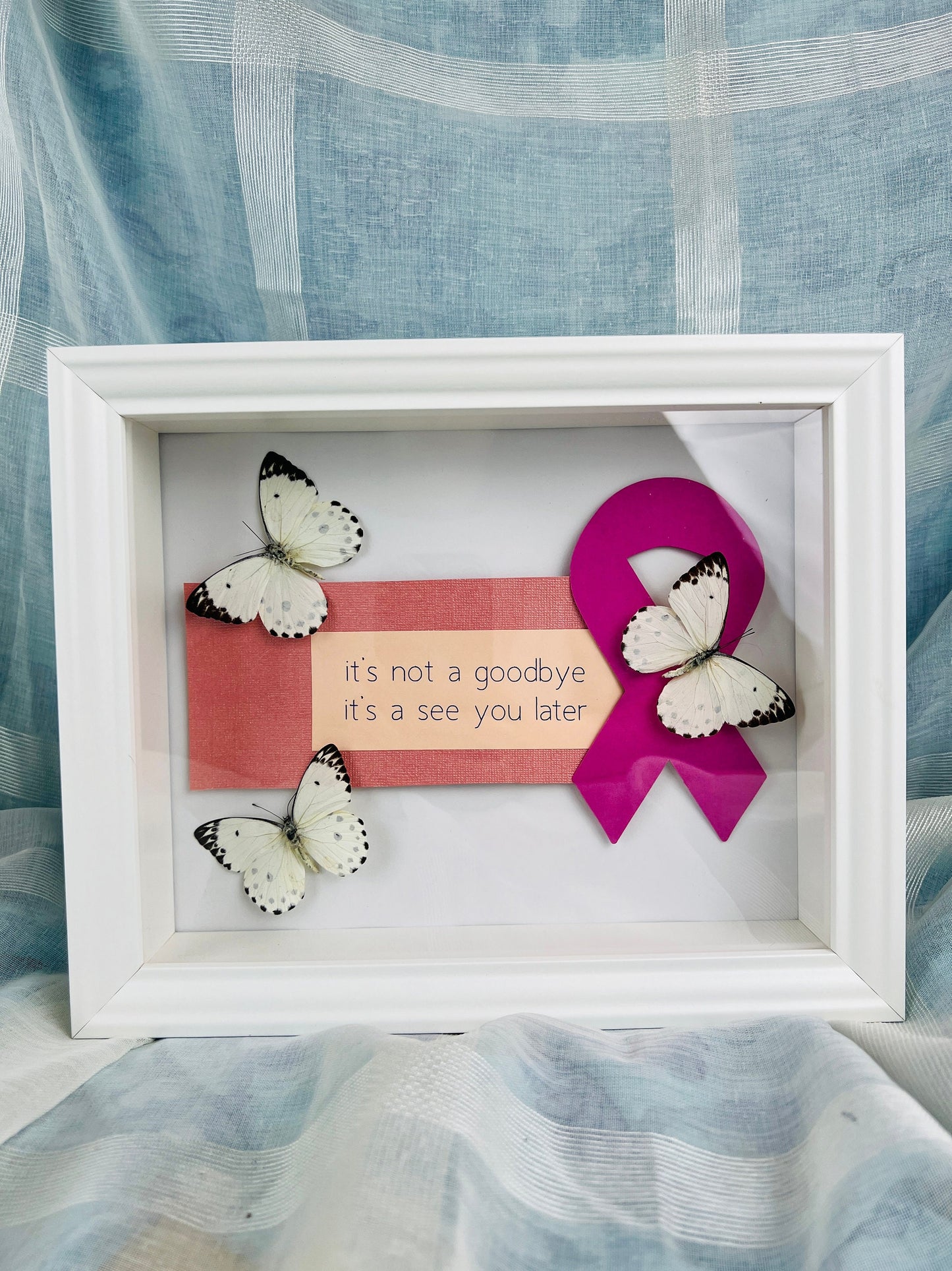 Memorial Keepsake: Pink Ribbon Frame with Genuine Belenois Calypso Butterflies