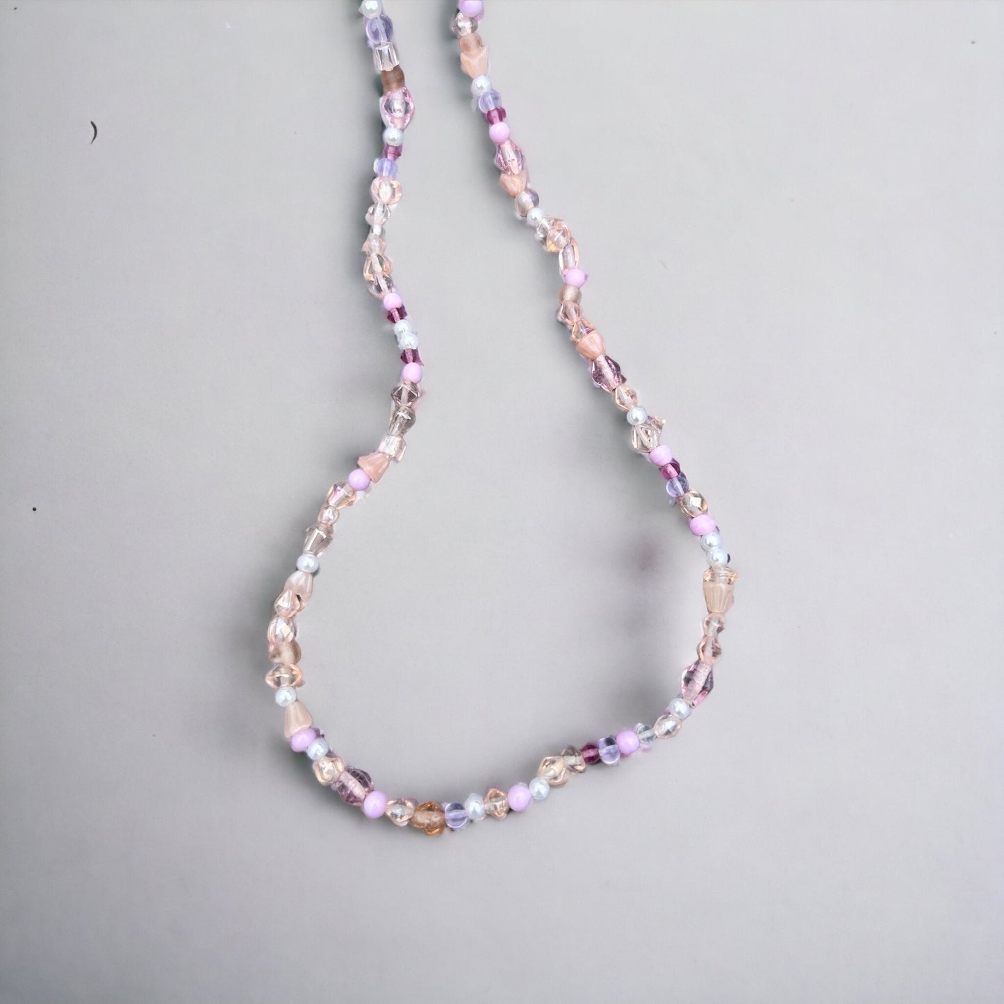 Purple, white, pink, pearls, gold beaded necklace