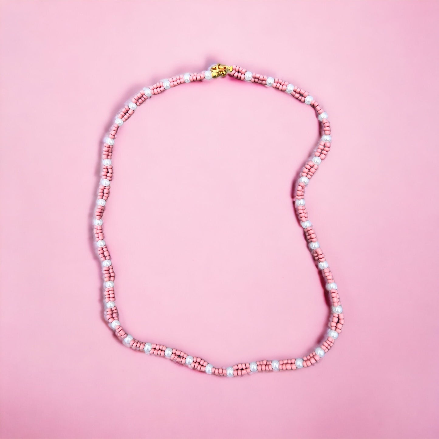 Old pink glass beads and pearl necklace
