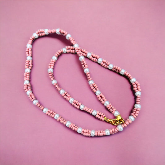 Old pink glass beads and pearl necklace