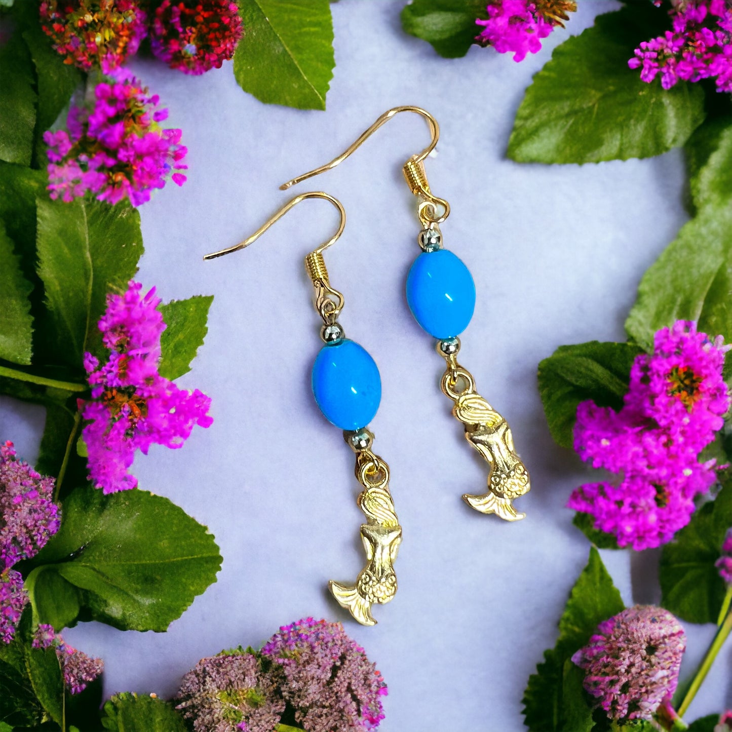 Blue gold mermaid earrings