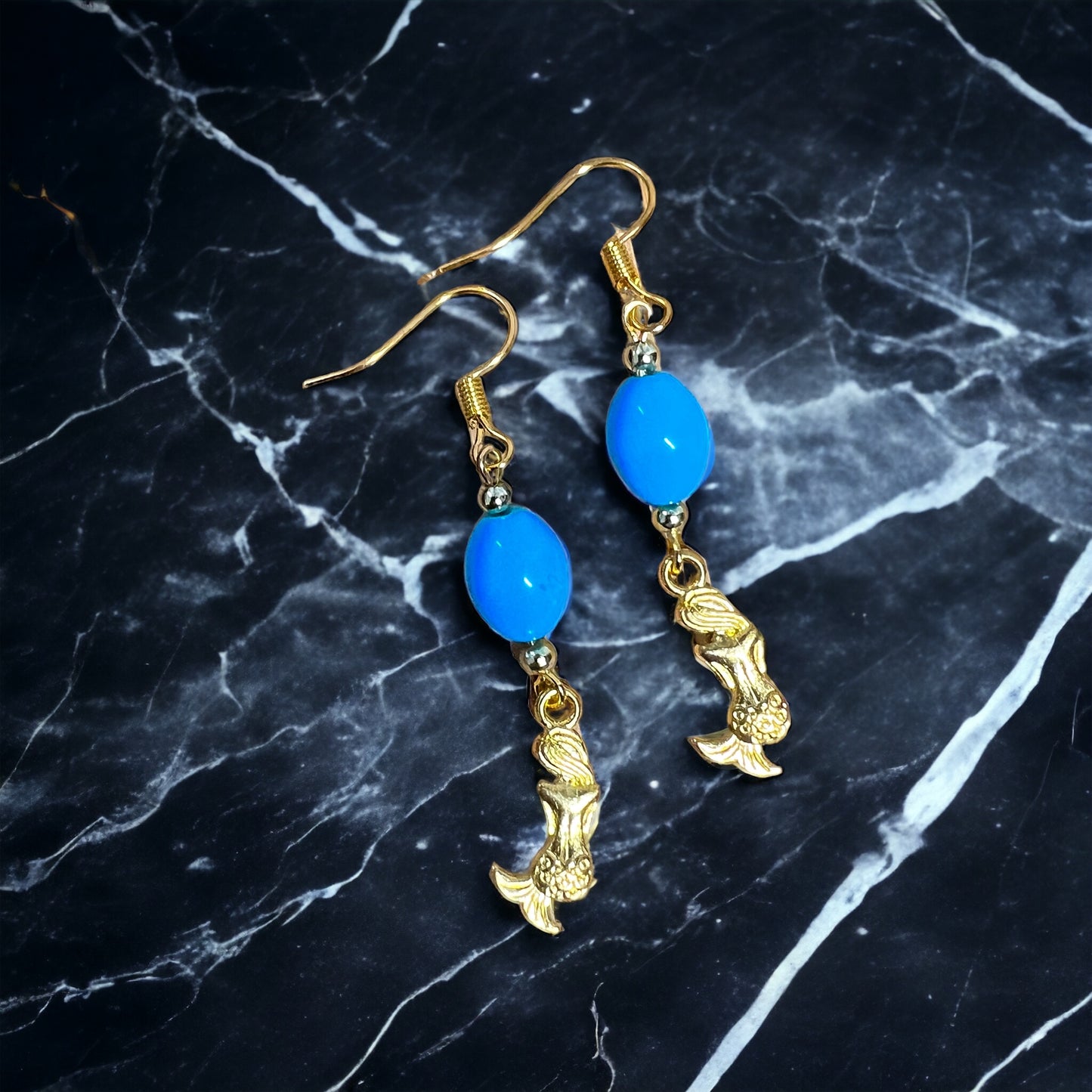 Blue gold mermaid earrings