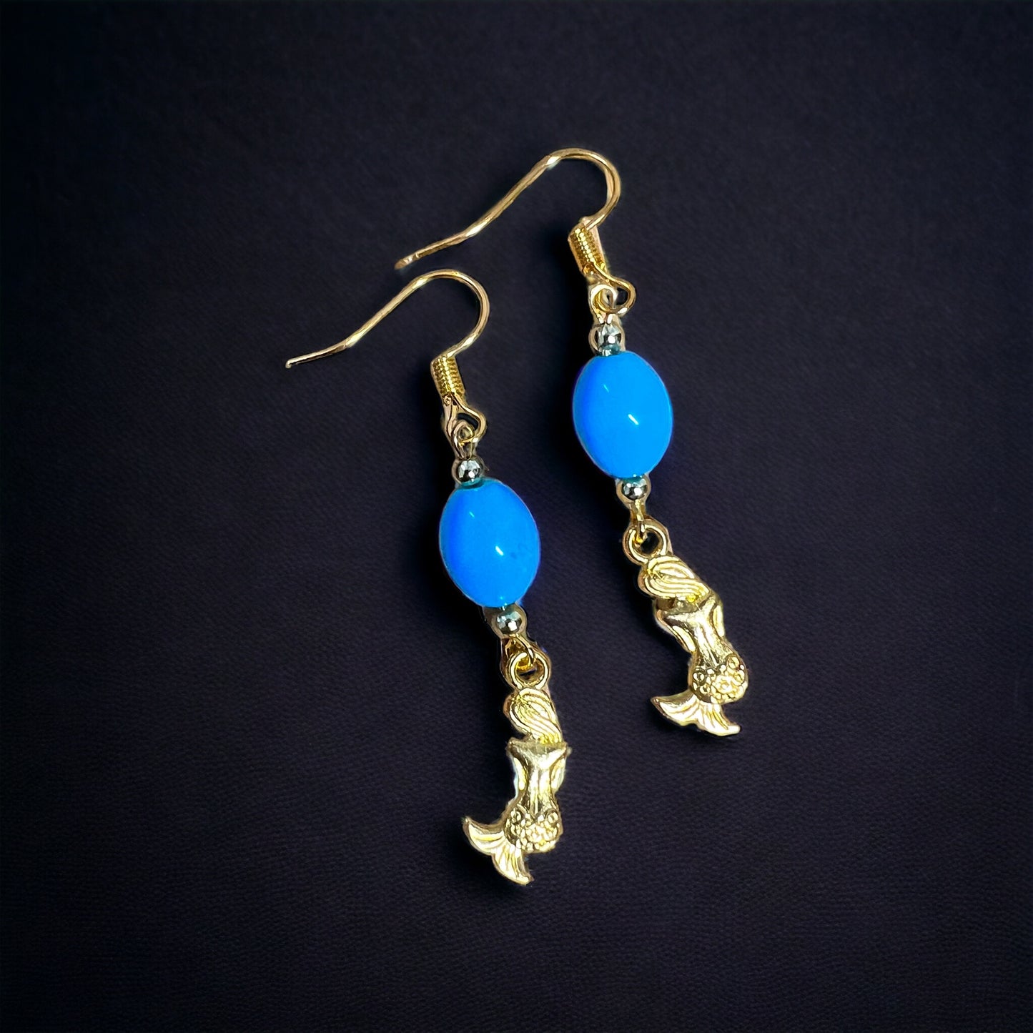 Blue gold mermaid earrings