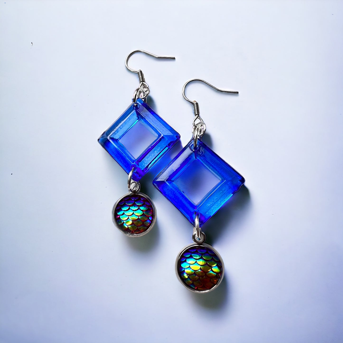 Blue chameleon silver earrings