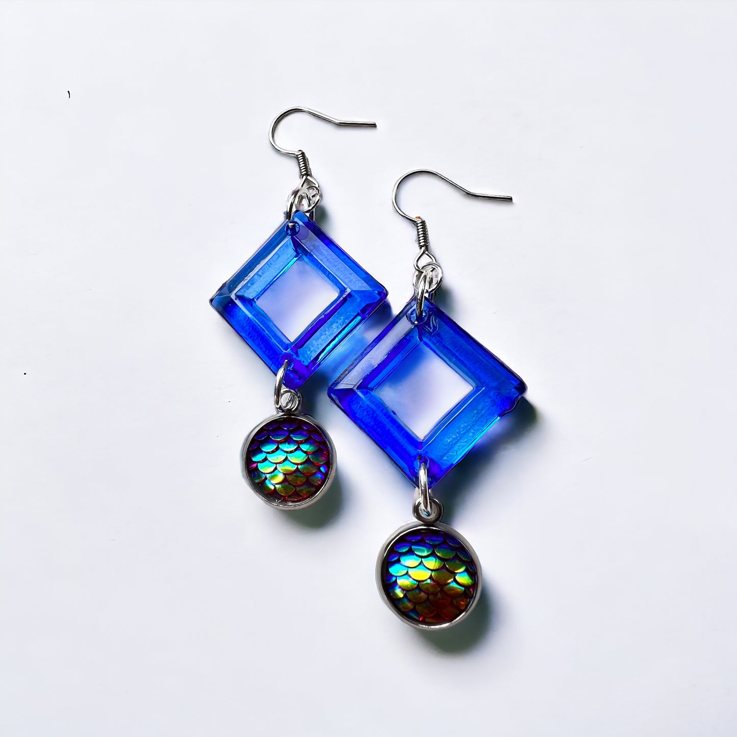 Blue chameleon silver earrings