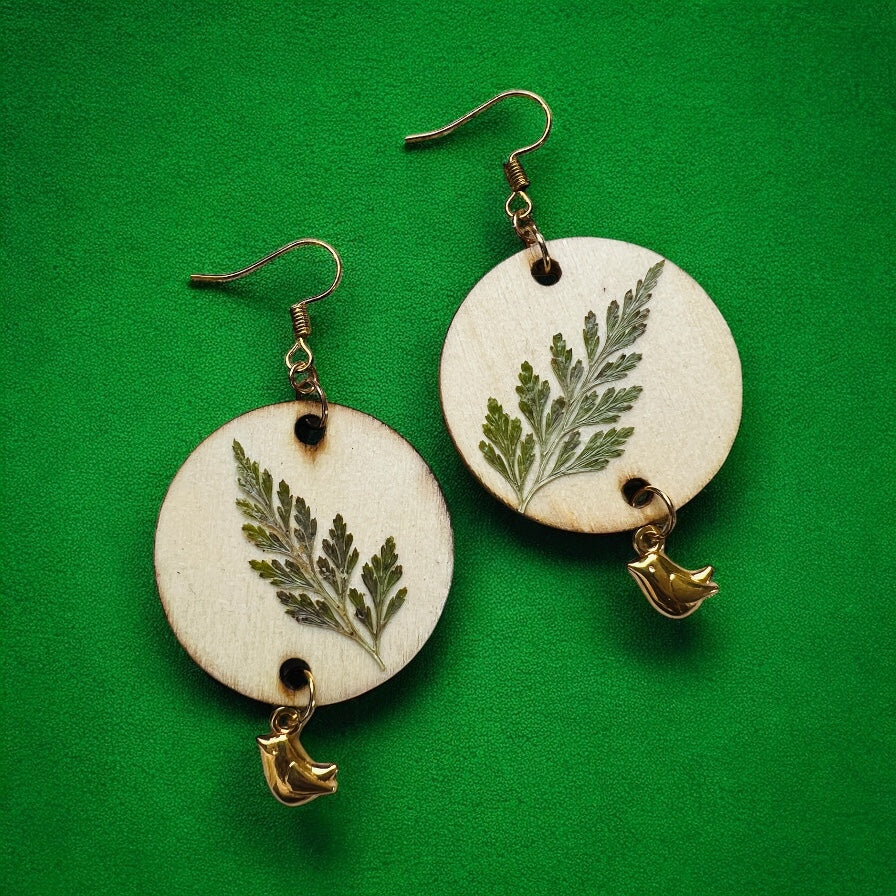 Dry plant bird gold earrings
