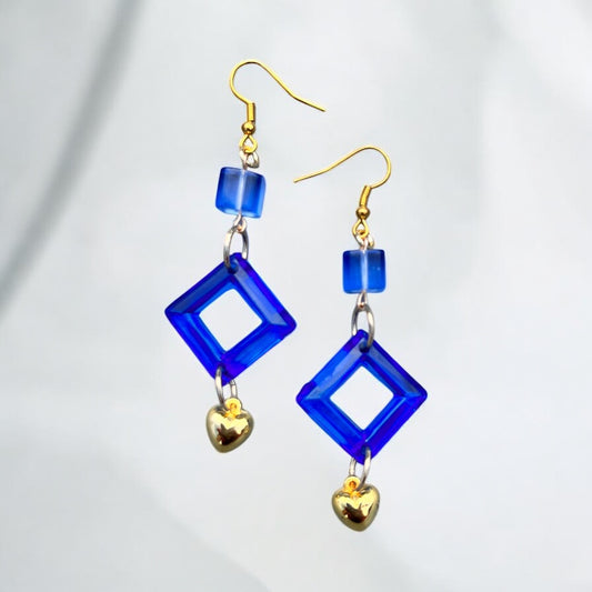 Blauw gouden hart oorbellen