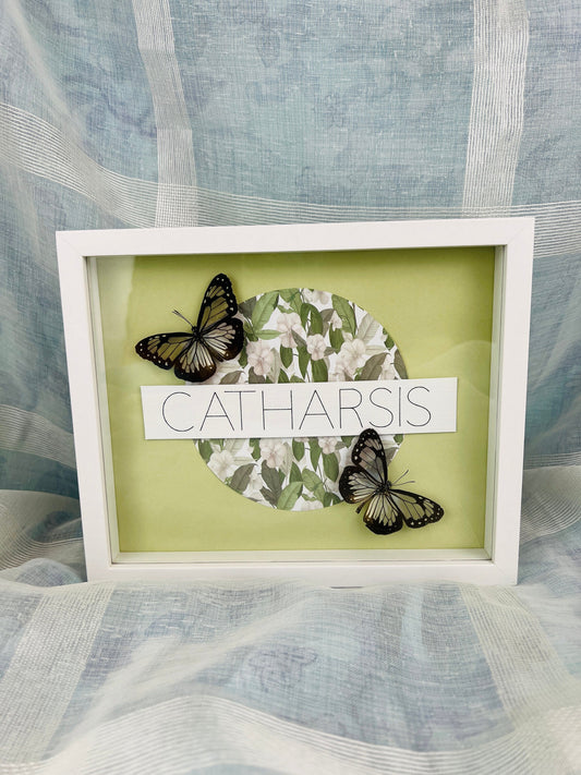 Pair of Real Parantica Vitrina Butterflies with Catharsis Text - Natural Home Decor
