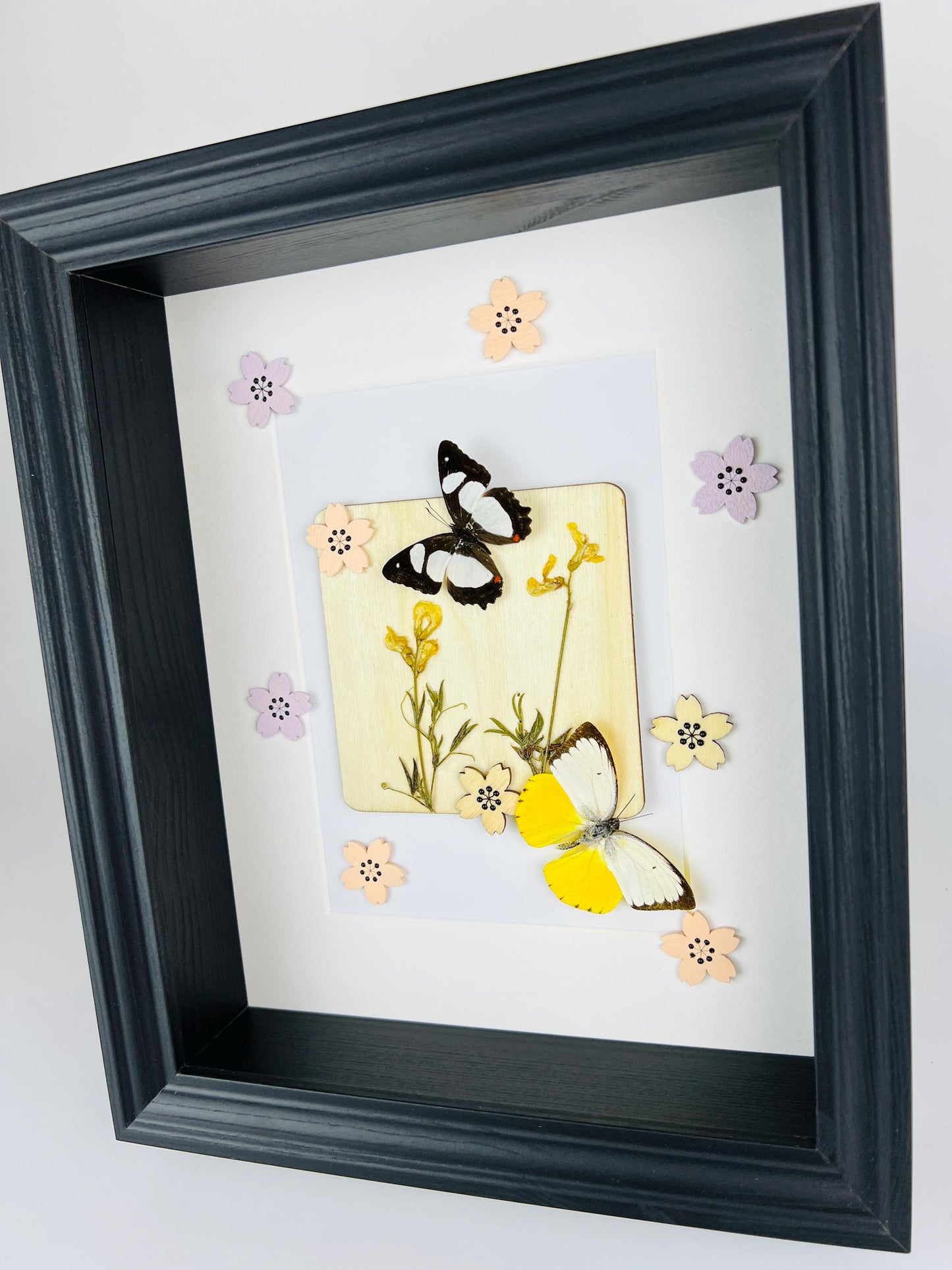 Framed Real Butterflies with Dried Flowers and Wooden Floral Accents – 11x9 Inch (28x23 cm) Shadow Box