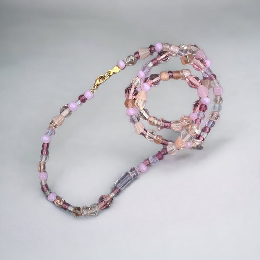 Purple, white, pink, gold beaded necklace