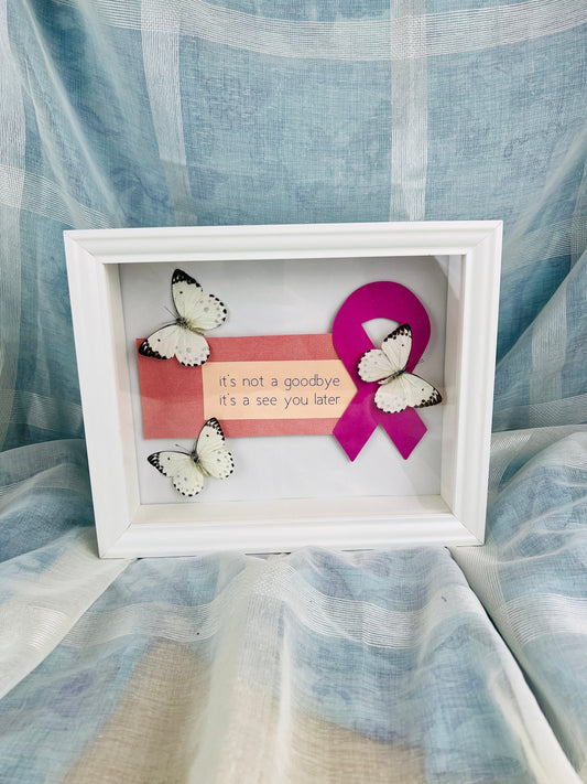 Memorial Keepsake: Pink Ribbon Frame with Genuine Belenois Calypso Butterflies