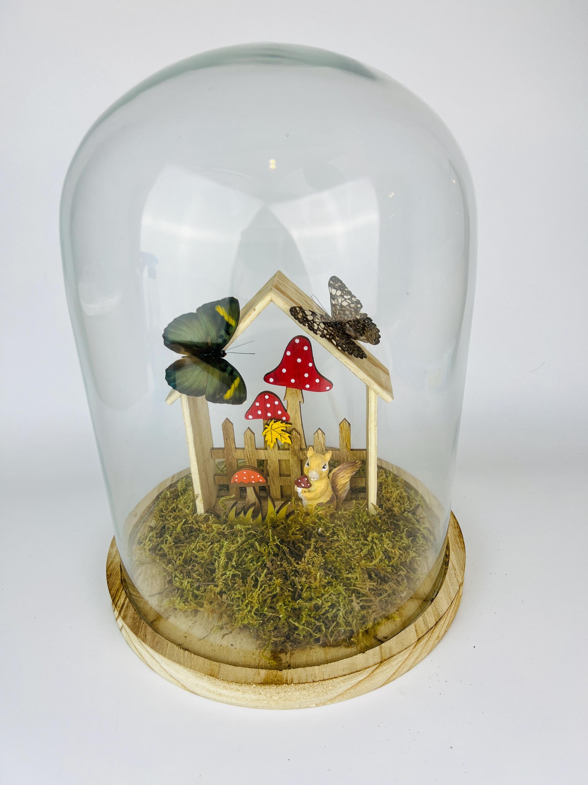 Twee vlinders op een tafereeltje in stolp