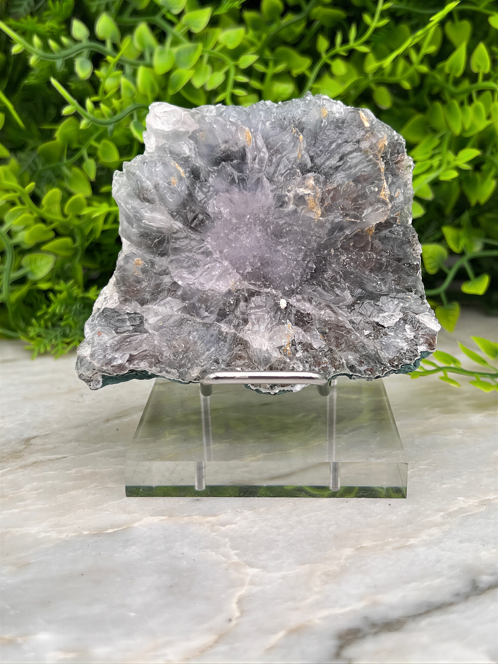 a piece of gray rock with a unique, irregular shape, placed on a clear glass stand.
