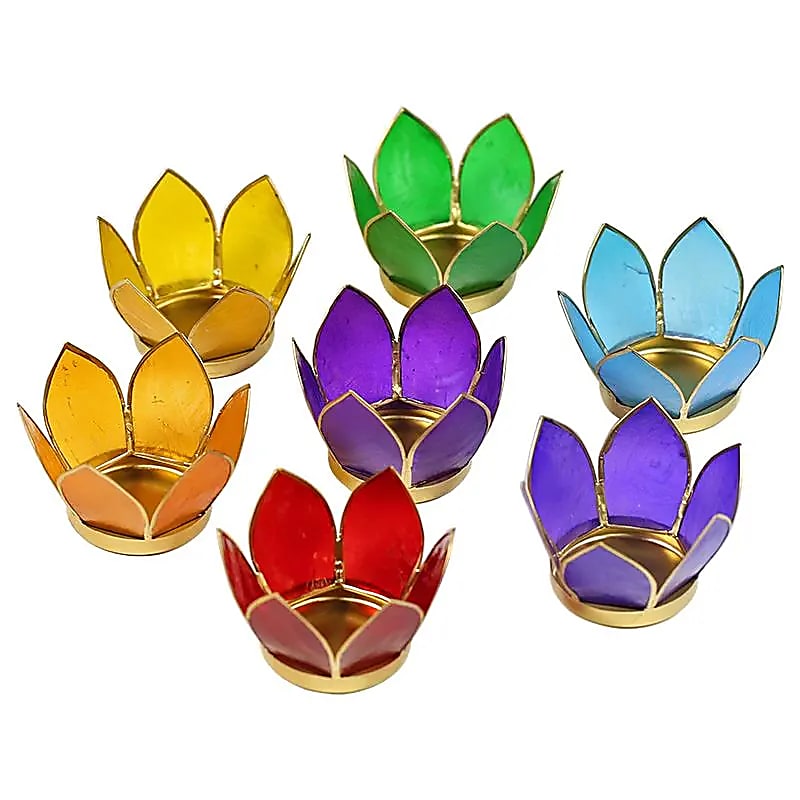 Lotus sfeerlicht set 7 chakra goudrand (8 cm)