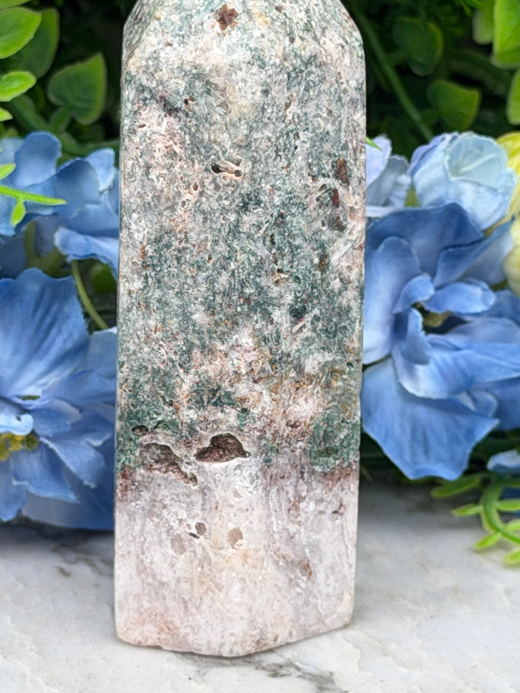 A close-up view of a moss-covered stone or rock, with a background of blue flowers.