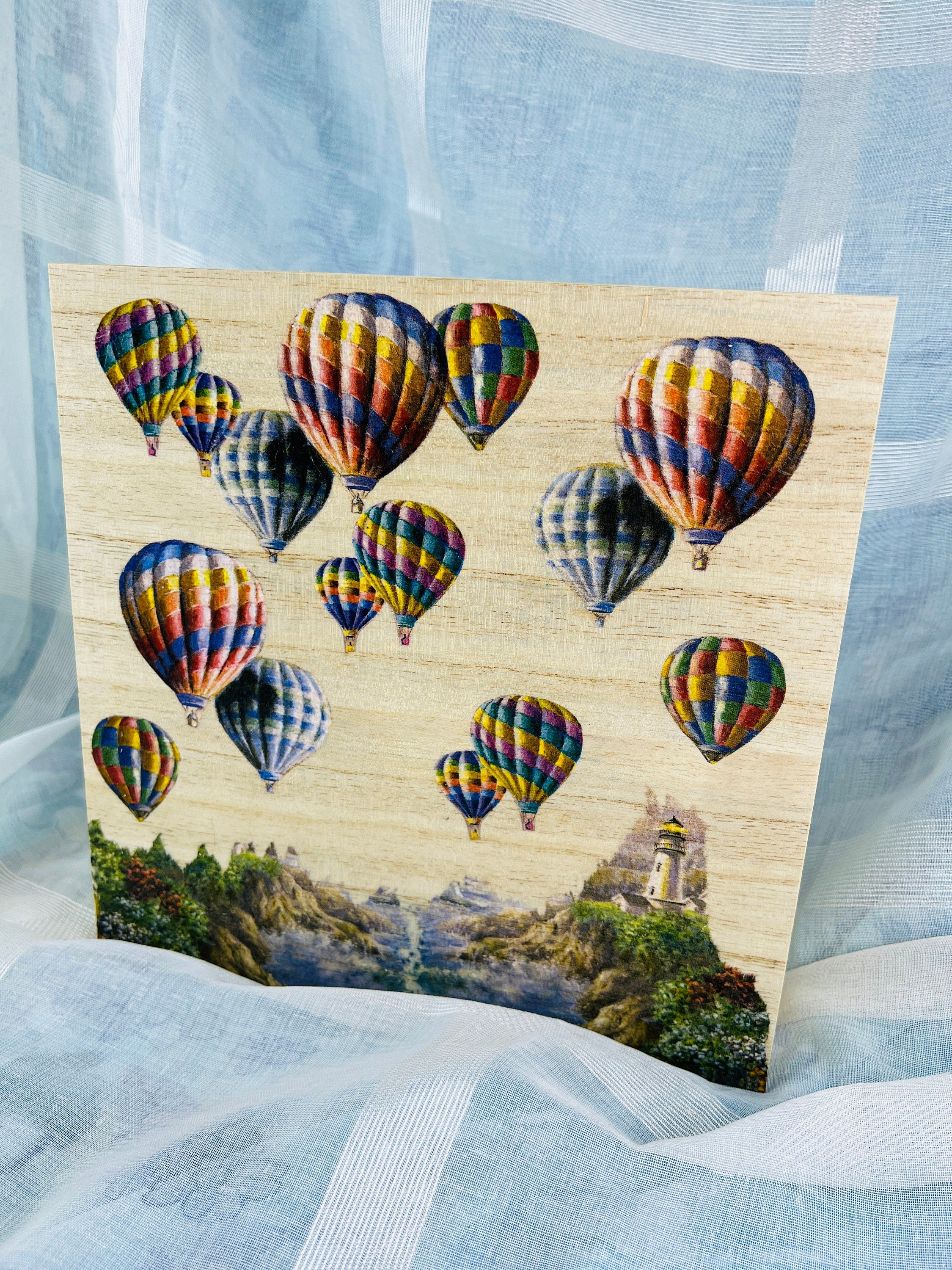 Whimsical Wooden Jewelry Box with Hot Air Balloons - Handcrafted Scenic Landscape