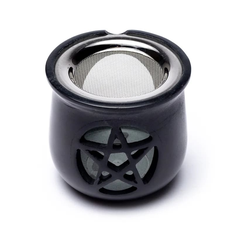 Wierookbrander Pentagram Zeepsteen Zwart + Zeef (8.5x9 cm)