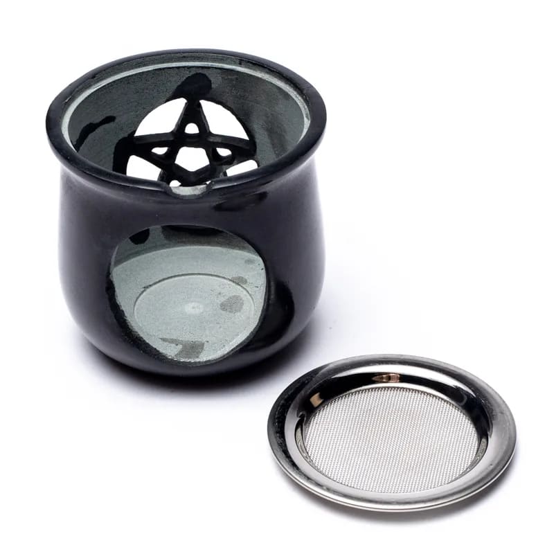 Wierookbrander Pentagram Zeepsteen Zwart + Zeef (8.5x9 cm)
