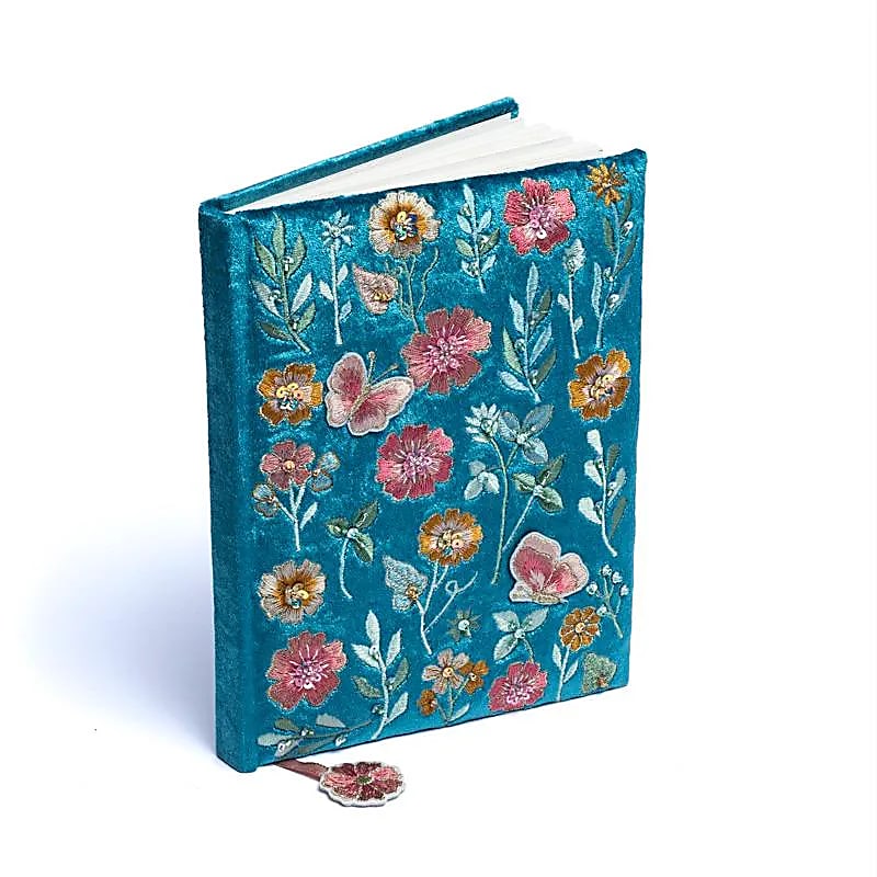 Fluwelen notitieboek bloemen, blauw (20x15 cm)