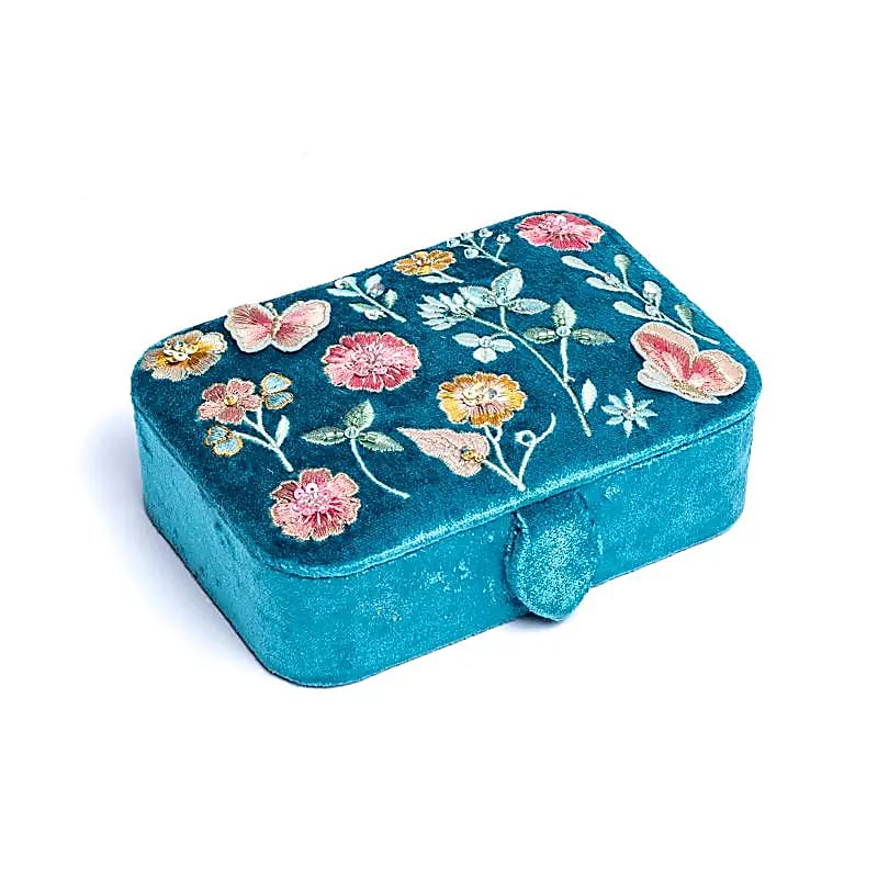 Fluwelen tarotdoos blauw met bloemen (11x15,5x5 cm)