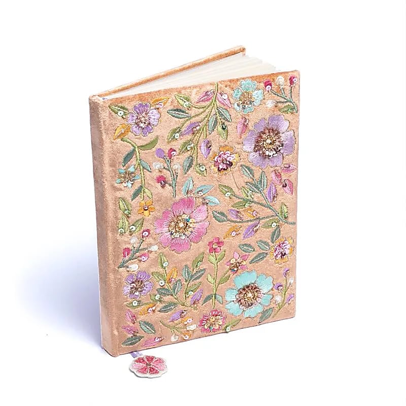 Fluwelen notitieboek bloemen, beige (20x15 cm)