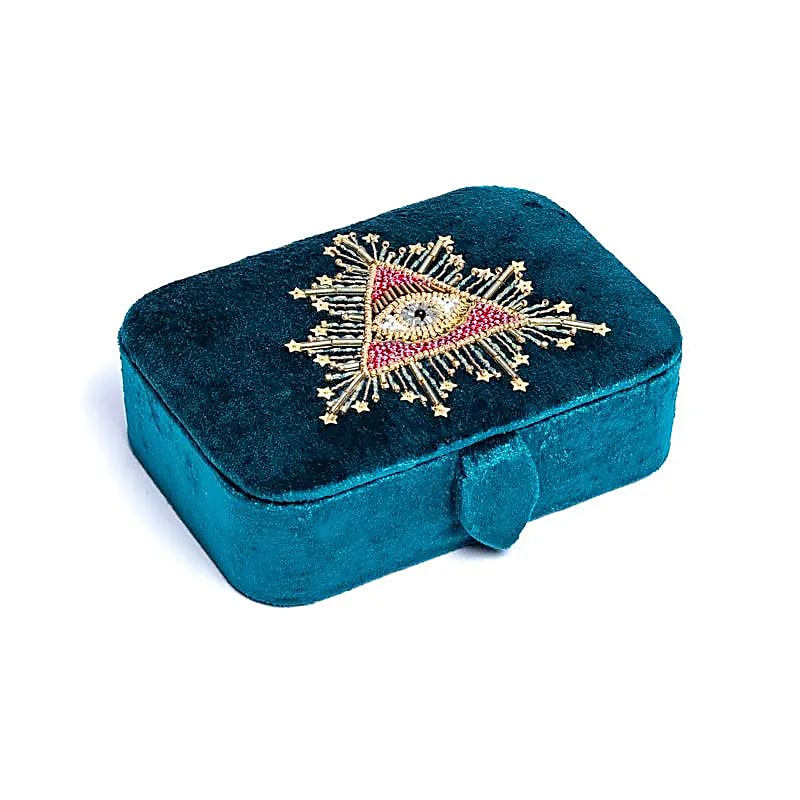 Fluwelen tarotdoos petrol met tarot oog (20x15x9 cm)