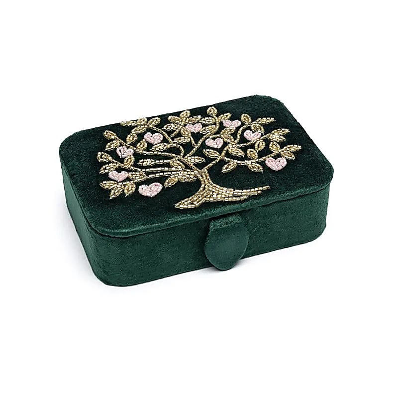 Fluwelen tarotdoos groen met Levensboom en harten (11x15,5x5 cm)