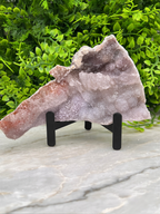 a large piece of amethyst, a purple crystal, displayed on a black stand in front of a lush green plant.