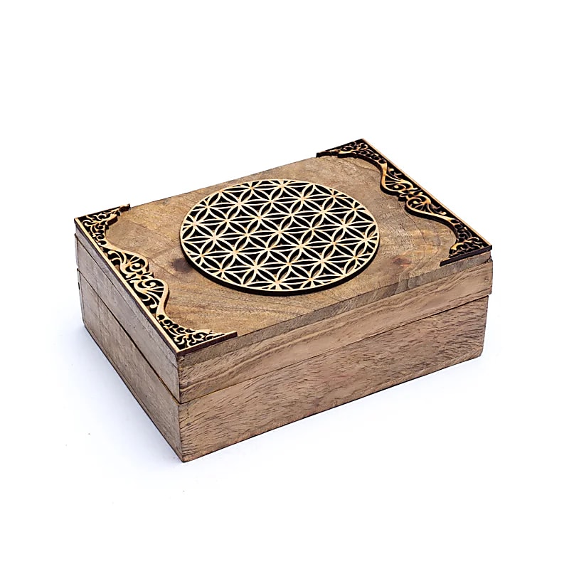 Tarot Box, Flower of Life Design, Mango Wood (18x12x7 cm)