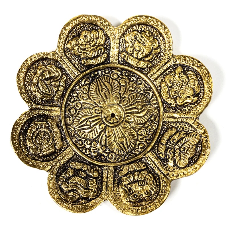 Gold-colored incense burner with 8 symbols of good fortune (94g, 12cm)