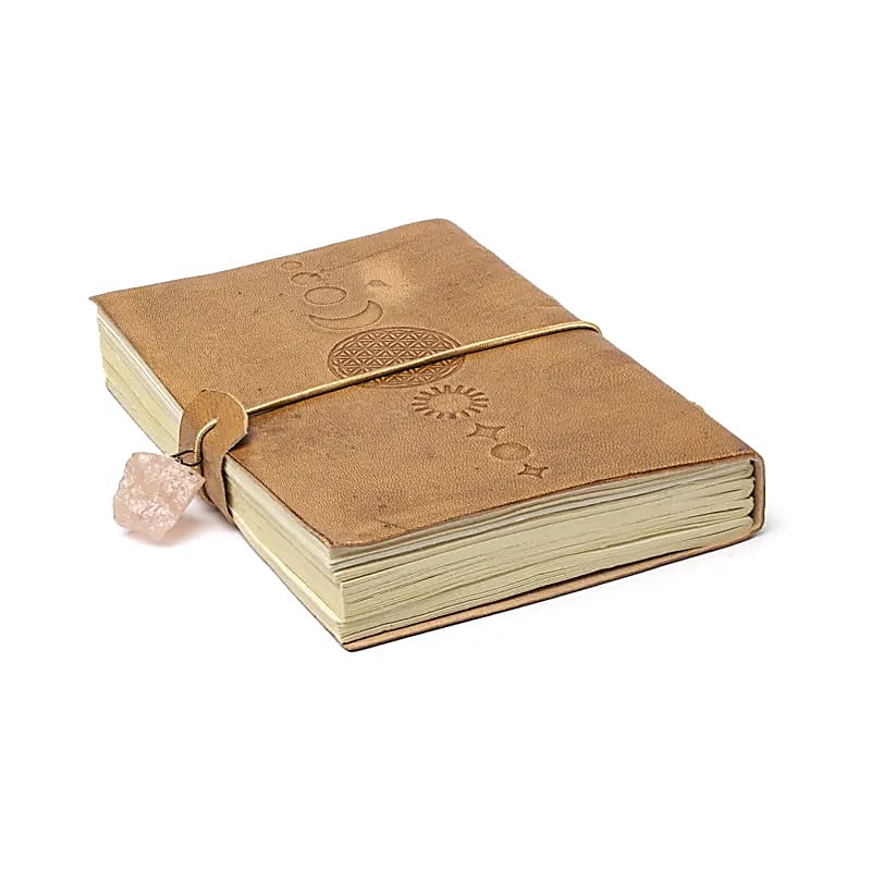 Flower of Life Notebook, Faux Leather Cover with Rose Quartz (18x13 cm)