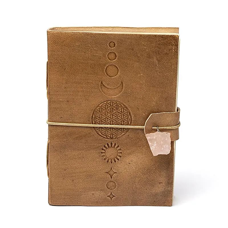 Flower of Life Notebook, Faux Leather Cover with Rose Quartz (18x13 cm)