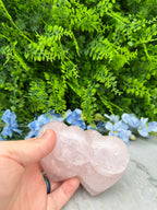A hand holding a pink crystal against a backdrop of green foliage and blue flowers.