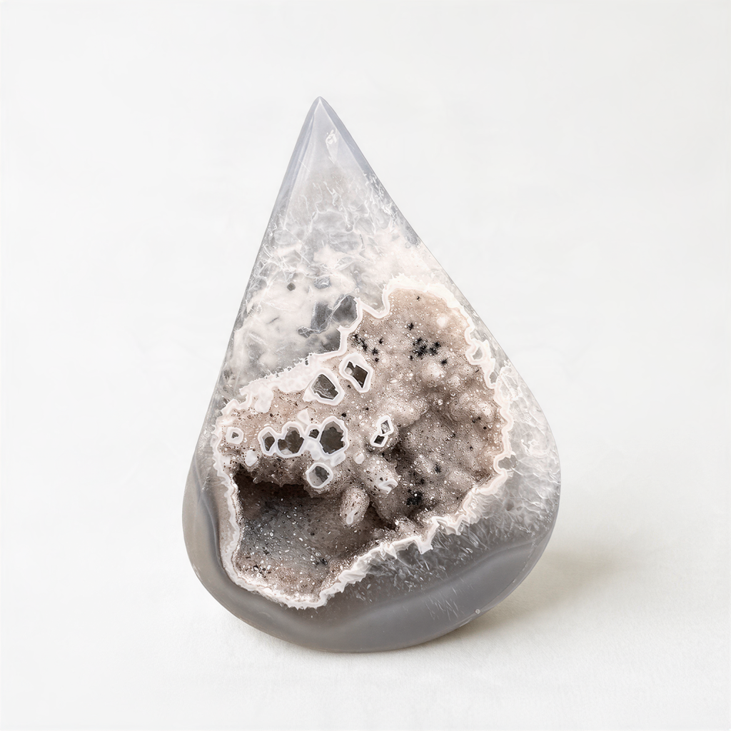 A clear, triangular-shaped rock formation with a white and gray speckled surface, resembling a crystal or gemstone.
