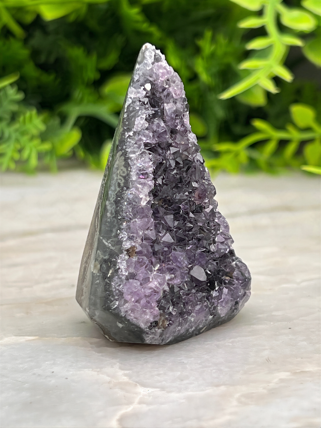 A piece of amethyst crystal with a jagged, triangular shape sits on a marble surface, surrounded by lush green foliage.
