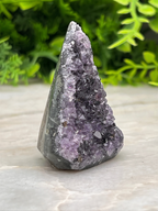 A piece of amethyst crystal with a jagged, triangular shape sits on a marble surface, surrounded by lush green foliage.