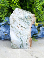 a large, jagged, and irregularly shaped stone with a unique, natural pattern, placed on a white surface.