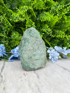 A large, rough-textured rock rests on a bed of lush green foliage, with delicate blue flowers blooming nearby.