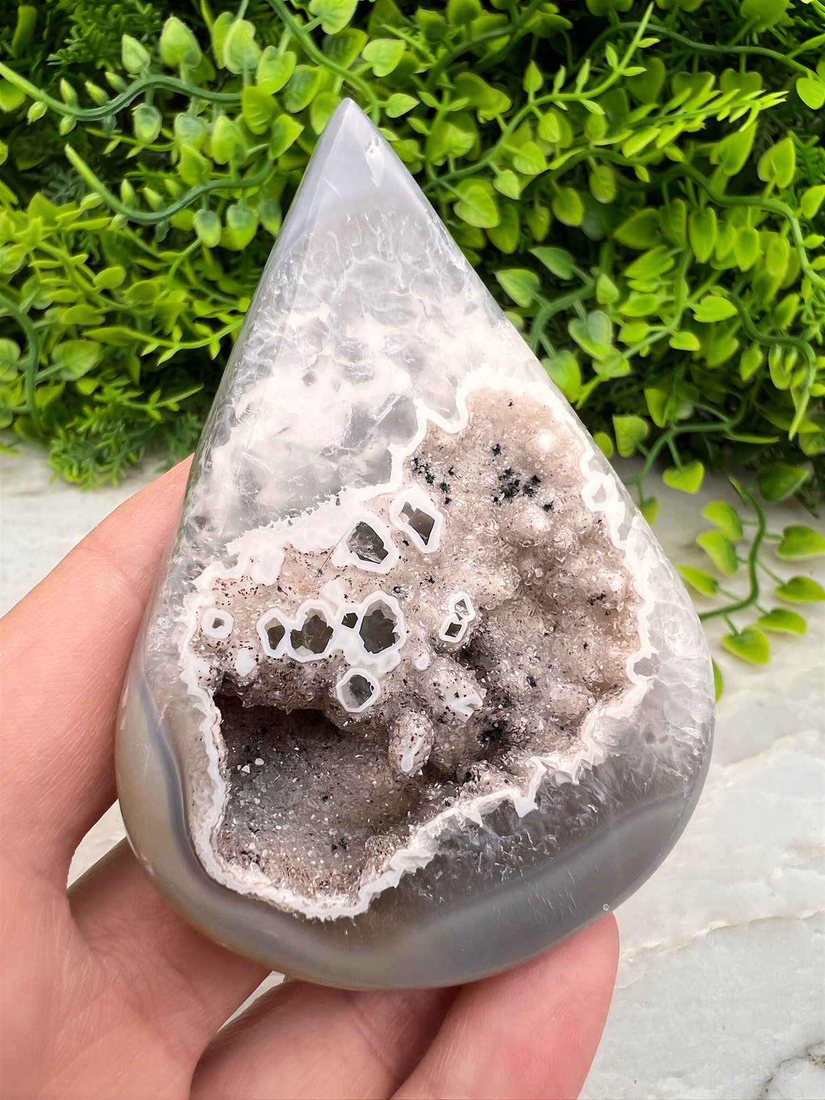 A hand is holding a teardrop-shaped rock with a white and gray speckled surface, set against a backdrop of green foliage.