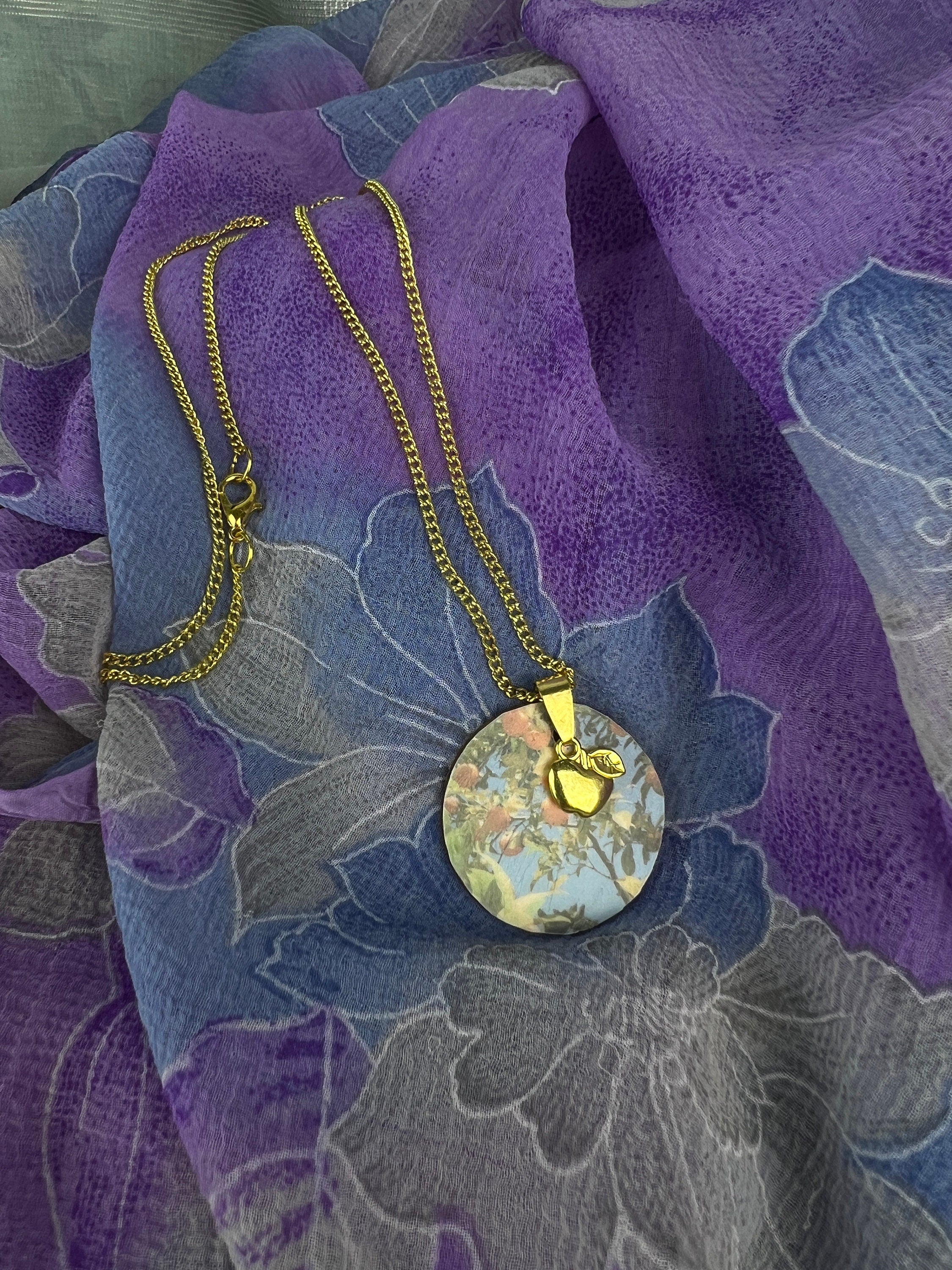 Stainless steel gold chain with gold apple pendant and apple tree pendant