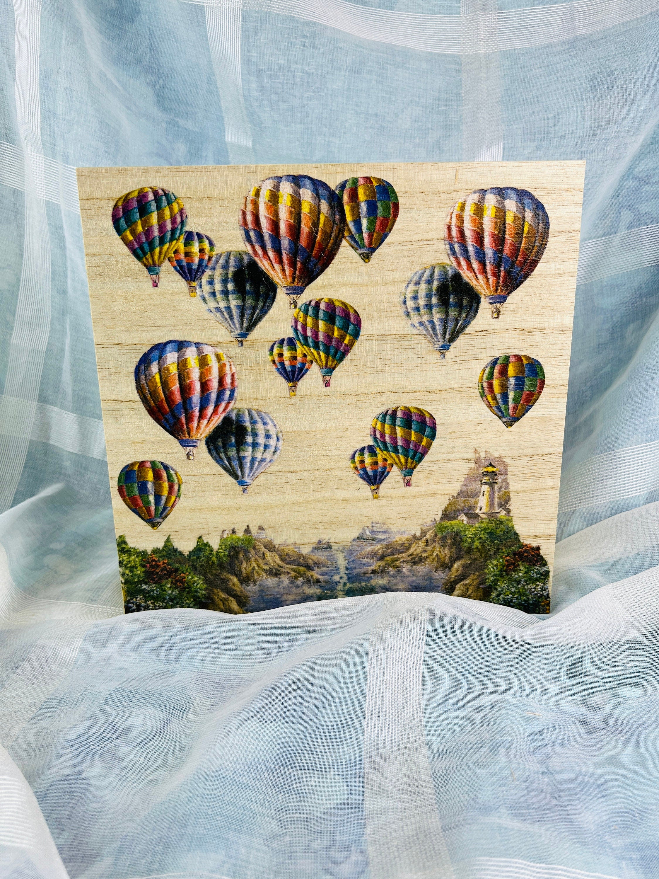 Whimsical Wooden Jewelry Box with Hot Air Balloons - Handcrafted Scenic Landscape