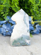 a jagged, white rock with a greenish hue, placed on a white surface. The rock has a jagged, uneven surface and appears to be a natural formation. The background is filled with lush, green foliage, creating a contrast with the white rock.