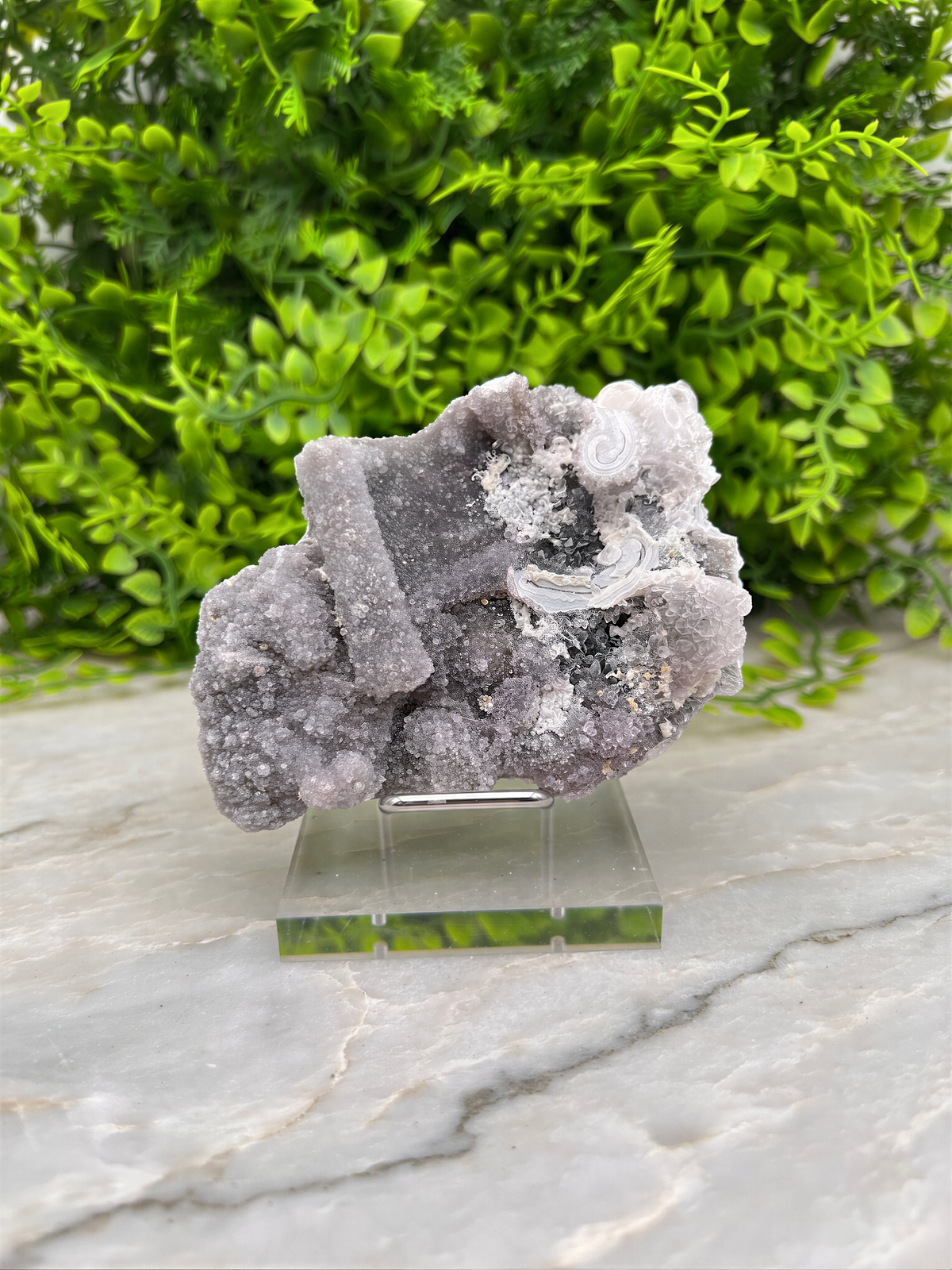 a piece of amethyst crystal displayed on a clear glass stand, with a background of green foliage.
