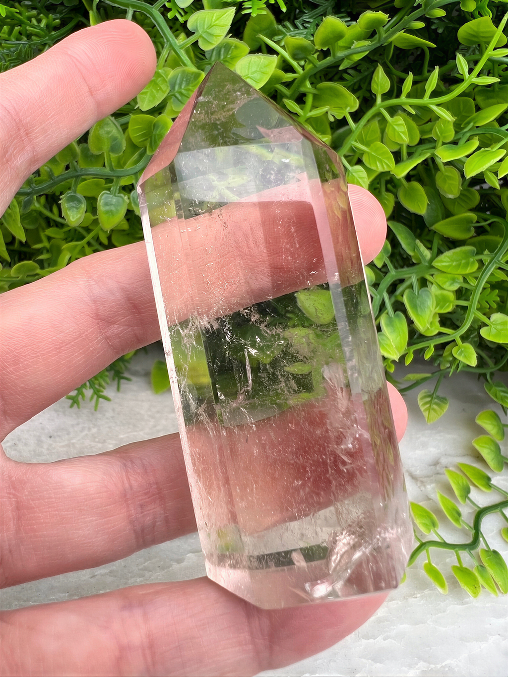A hand holding a clear crystal with a green plant in the background.