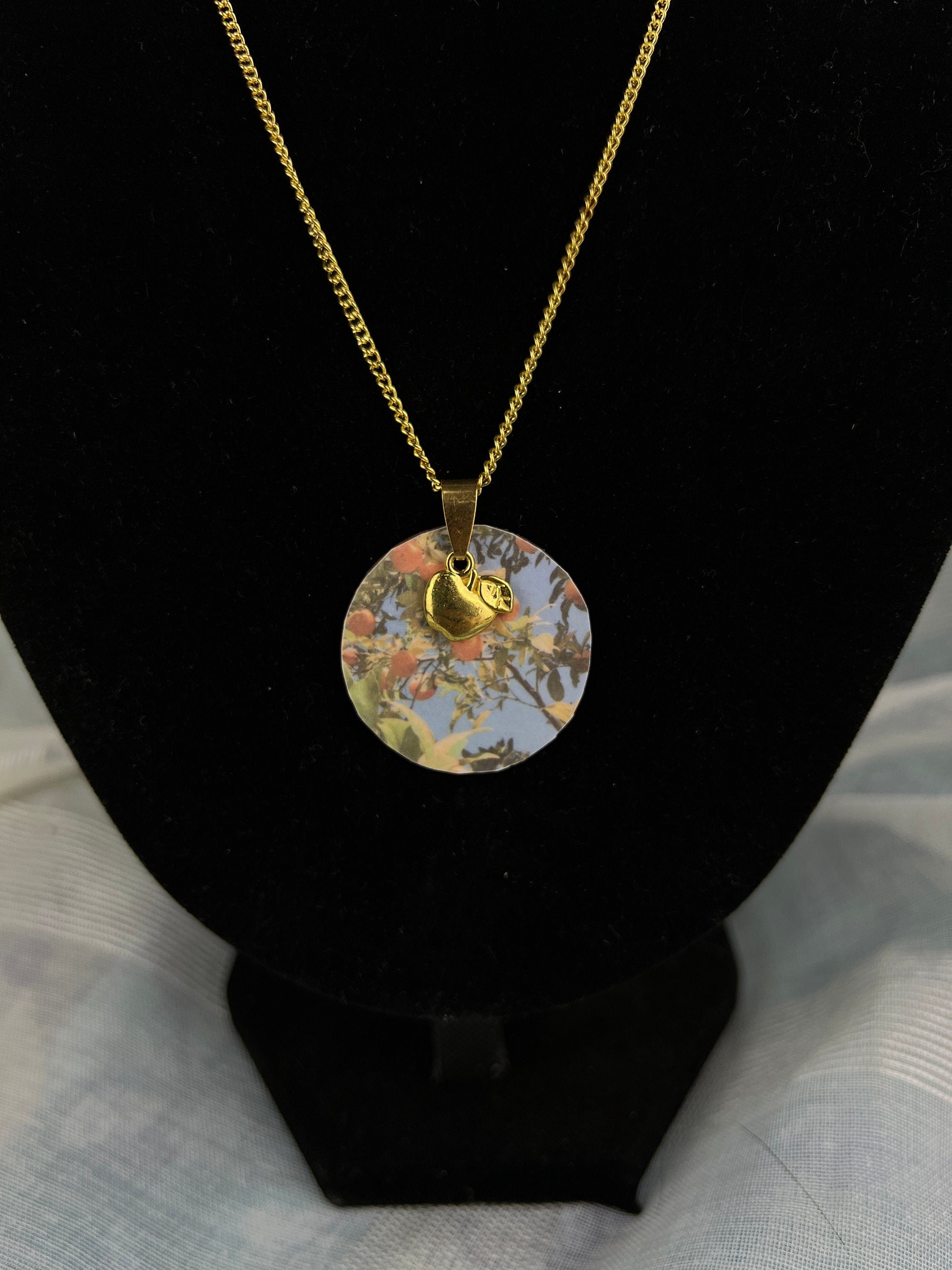 Stainless steel gold chain with gold apple pendant and apple tree pendant