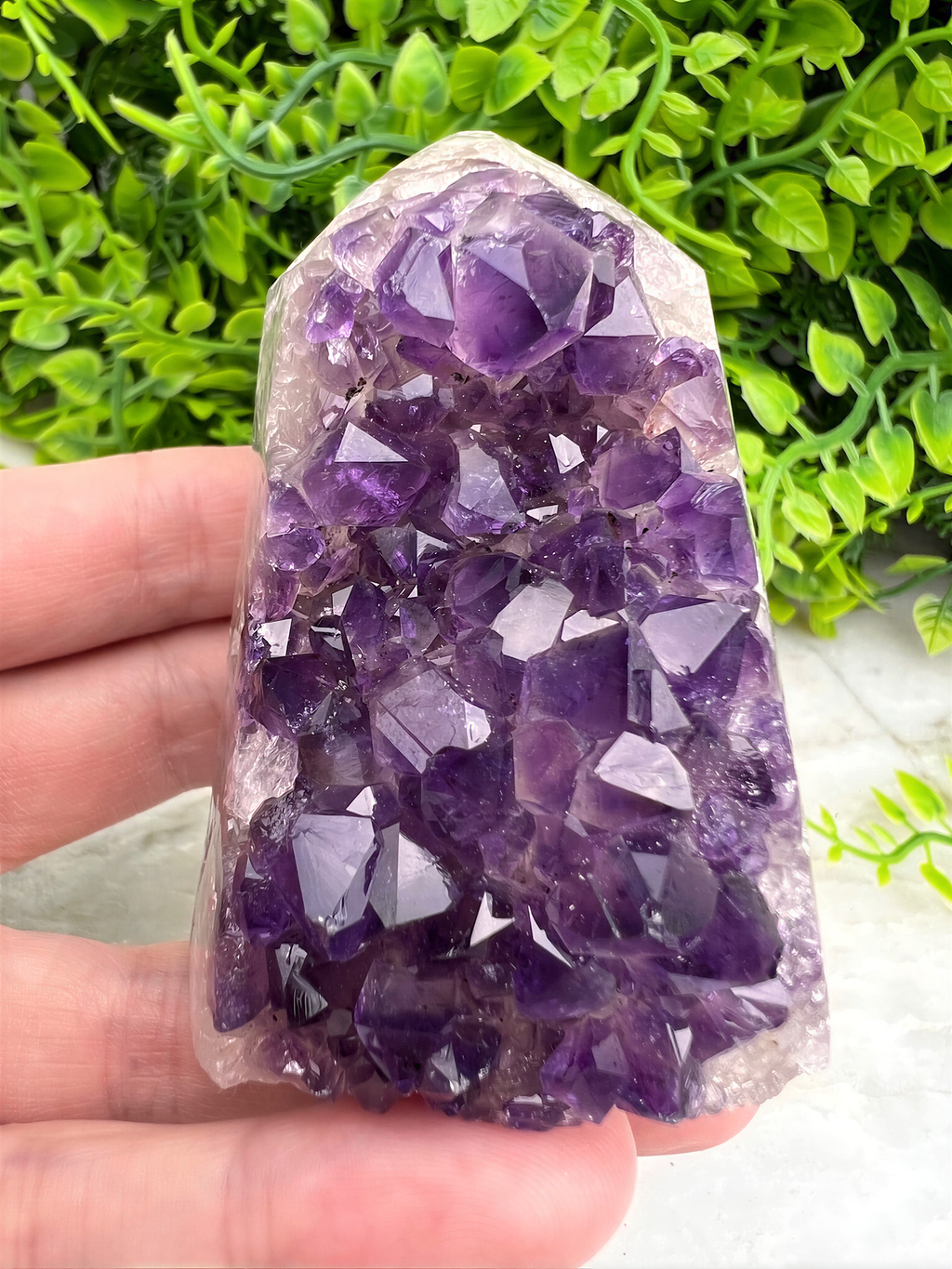 A hand is holding a clear crystal formation filled with numerous small purple crystals.