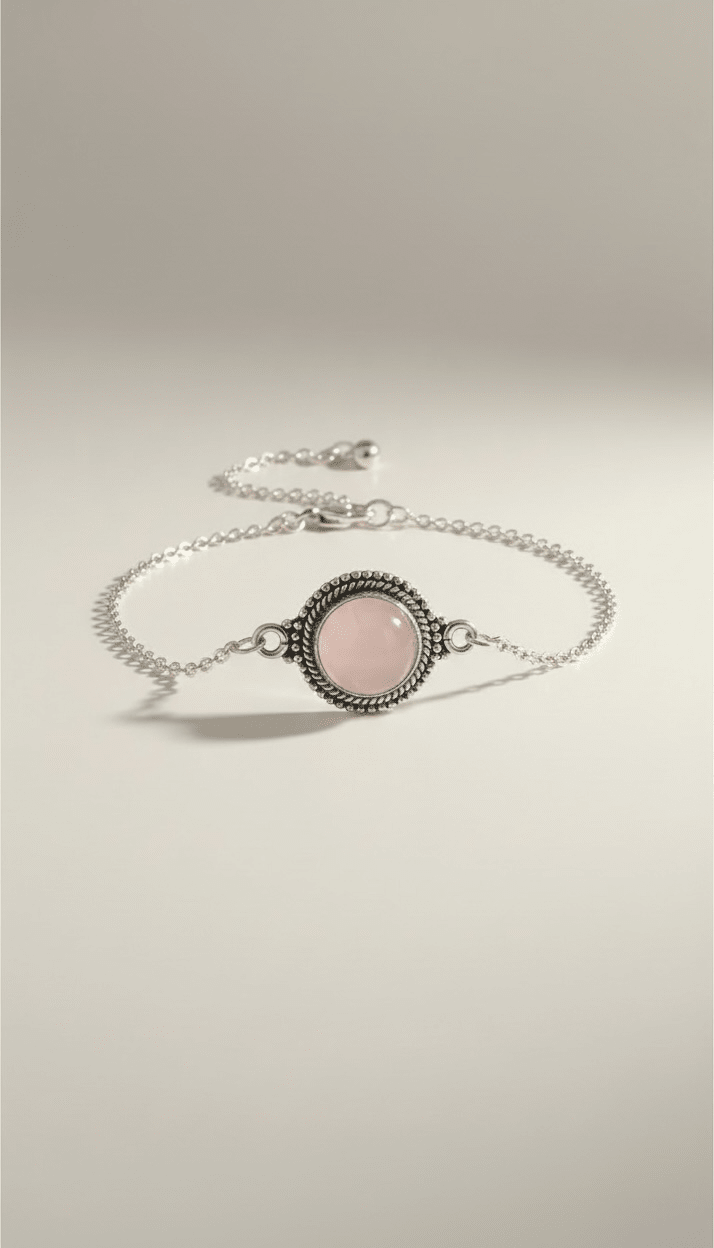 Armband aus 925er Silber mit Rosenquarz – verstellbar von 14,5 bis 18,5 cm von KEY LIME STORE
