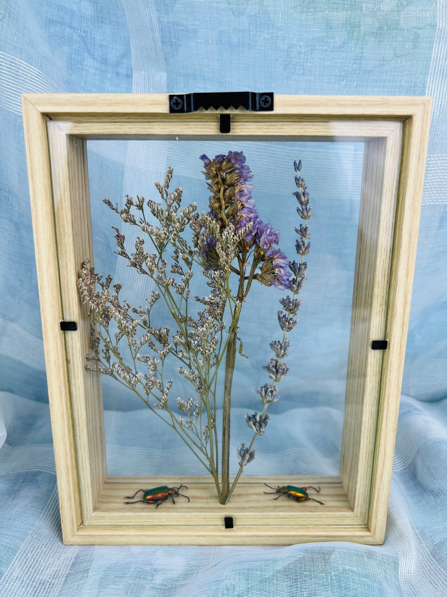 Doppelverglasung mit Holzrahmen, verziert mit Käfern und Trockenblumen von KEY LIME STORE